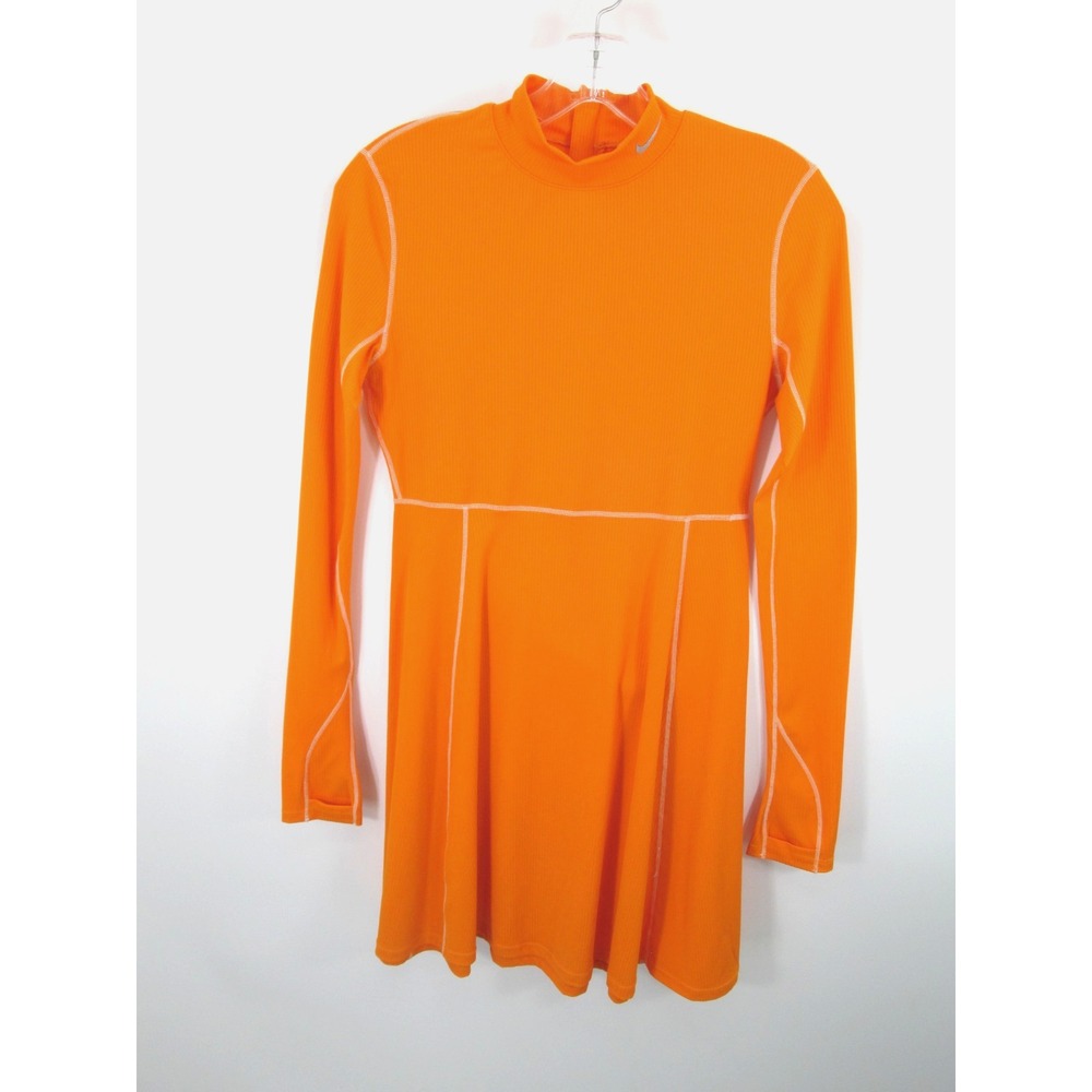 NIKE Women Small Orange Ribbed Midi Athletic Dress 1/4 Zip Tennis Golf LS
